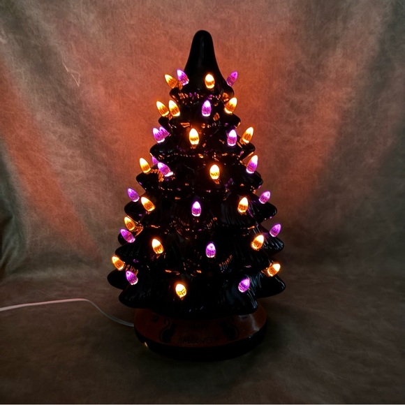 BCP 14in Pre-Lit Ceramic Halloween Tree Decoration w/Orange & Purple Lights, - Picture 4 of 8